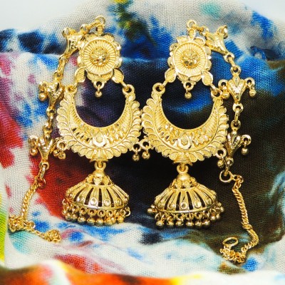 arch fashion Traditional Micron Plated Kaan Chain Jumkha Brass Jhumki Earring