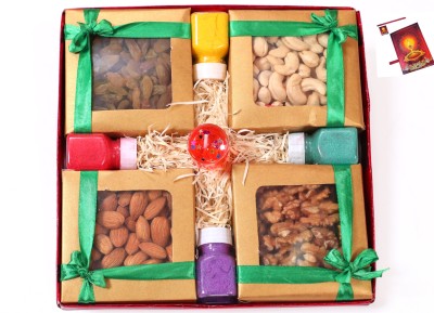 MANTOUSS Diwali dry fruits gift pack/Diwali dry fruit gift box for employees/corporates-50gms almonds+50gms cashew+50gms walnuts+50 gms raisins+gel filled glass candle+rangoli colours+Diwali Greeting card Assorted Gift Box(Multicolor)