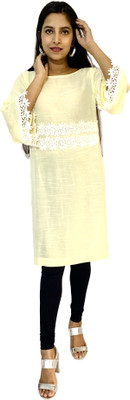 Preety World Women Patchwork Straight Kurta(Yellow)