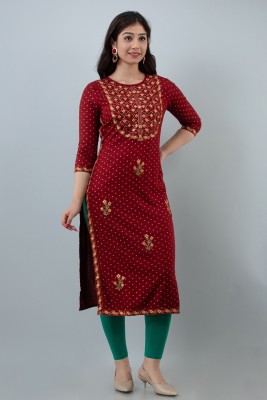 GOMOSWA INTERNATIONAL Women Embroidered A-line Kurta(Maroon, Yellow)