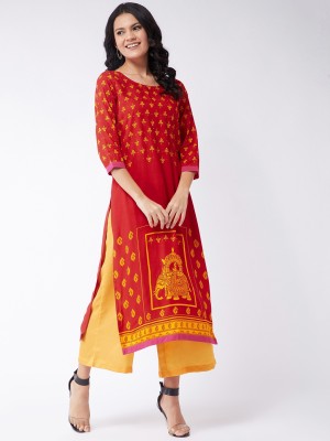 Pannkh Embark Elegance Women Printed Straight Kurta(Red)