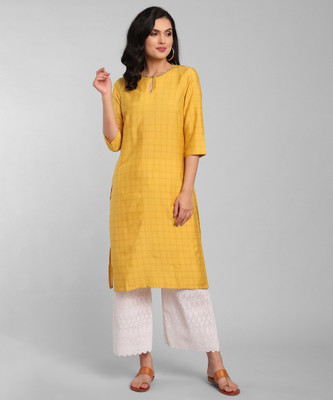 W Women Checkered Straight Kurta(Yellow)