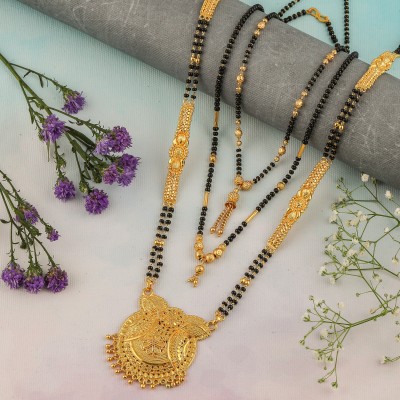 brado jewellery Brado Jewellery Combo of 3 Pcs Ethnic Traditional One Gram Gold Glorious Long Chain Black Beads 30 inch and 18 inch Short Daily Wear MangalSutra/Tanmaniya/Nallapusalu/Mangalsutra for Women Brass Mangalsutra