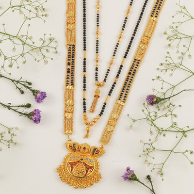 brado jewellery Brado Jewellery Combo of 3 Pcs Ethnic Traditional One Gram Gold Glorious Long Chain Black Beads 30 inch and 18 inch Short Daily Wear MangalSutra/Tanmaniya/Nallapusalu/Mangalsutra for Women Brass Mangalsutra