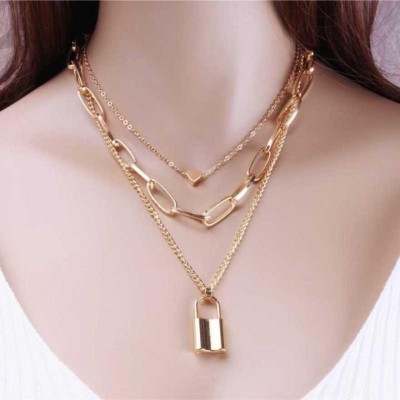 MEENAZ Valentine gift vintage style jewellery fashion Trendy Western Style lock pendant chain long 3 line three layer Multi layered chain combo heart shape love proposal propose promise modern style latest design Choker lock an key tribal Necklace Micro Rose Gold Plated Golden Daily wear lock Neckla