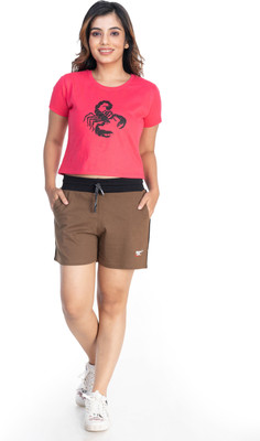 STYLE CLUB Women Graphic Print Pink, Brown Top & Shorts Set