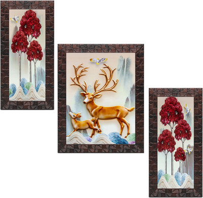Indianara Set of 3 Reindeers in the Snow Framed Art Painting (3036GBNN) without glass (6 X 13, 10.2 X 13, 6 X 13 INCH) Digital Reprint 13 inch x 10.2 inch Painting(With Frame, Pack of 3)