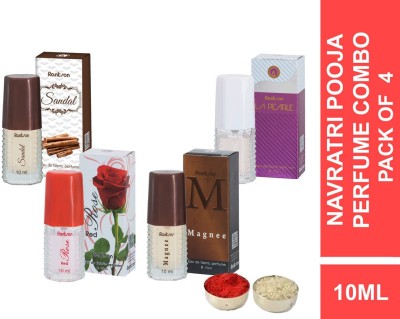 Rankson Navratri Pooja Gift Set Sandal, La Pearle, Red Rose & Magnee Eau De Fabric Spray Perfumes - 40ml (Pack of 4 - 10ml each) Perfume  -  40 ml(For Men & Women)