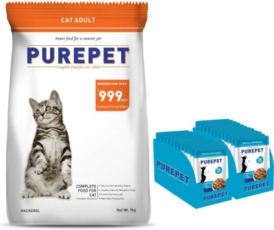 purepet KE PurePet Mackerel Cat Adult 7 Kg AND Purepet Wet Dog Food, Chicken and Vegetable Chunks in Gravy, 24 Pouches (24 x 70g) Chicken 5 kg Dry Adult, New Born, Young Dog Food