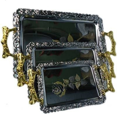mega star Multi User Export Quality Stainless Steel Material, Serving Tray 3 Pcs Set with Golden Color Handle-It is Best for Your Festival Gifts Tray Serving Set (Pack of 3) Tray
