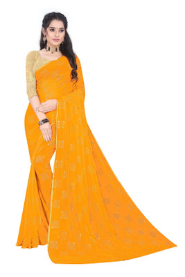POSHNIKA Printed Bollywood Viscose Rayon Saree(Yellow)