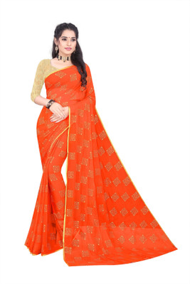 POSHNIKA Geometric Print Bollywood Viscose Rayon Saree(Orange)