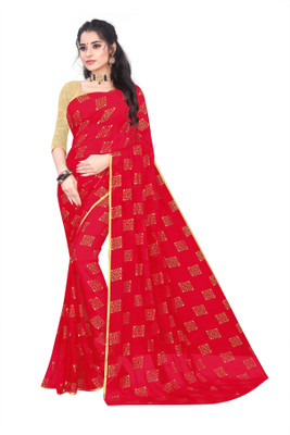 POSHNIKA Printed Bollywood Viscose Rayon Saree(Red)