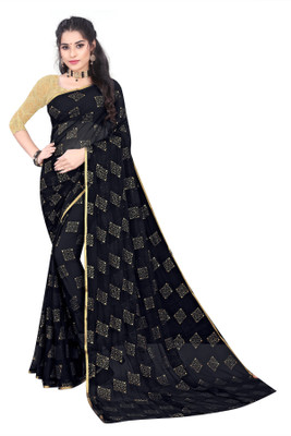 POSHNIKA Geometric Print Bollywood Viscose Rayon Saree(Black)