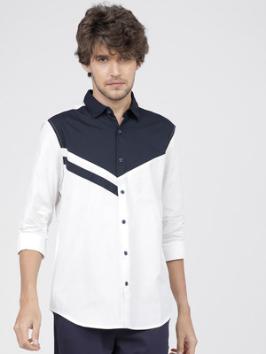 HIGHLANDER Men Color Block Casual White, Blue Shirt