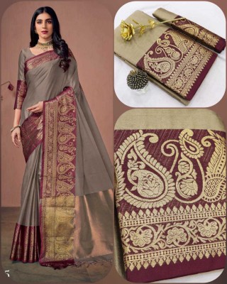 Harekrishna creation Woven Banarasi Jacquard, Cotton Silk Saree(Gold, Cream)