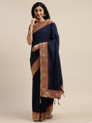 Om Shantam sarees Embroidered Fashion Silk Blend Saree(Dark Blue)