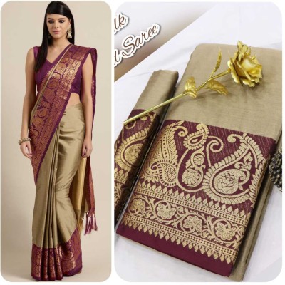 MR CREATION Woven Banarasi Jacquard, Cotton Silk Saree(Gold, Cream)