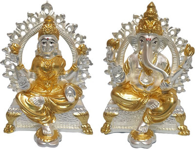 VACCHI Laxmi Ganesh Murti Idol for Mandir | Real 24kt Gold & 999 Silver Plated Lakshmi Ganesha Statue for Home Temple Decorative Showpiece - 9 cm(Gold Plated, Silver Plated, Polyresin, Gold, Silver)