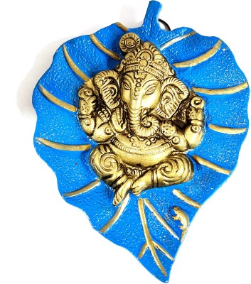 Sawcart Lord Ganesh Ganesha / Ganpati On Blue Paan Patta Leaf Decorative Religious Wall Hanging for Home & Office Decor, Feng Shui, Vastu, Sculpture Art Figurine for Diwali Gift ( Metal ) Decorative Showpiece  -  19 cm(Metal, Blue, Gold)