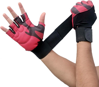 DreamPalace India Gym Gloves With Wrist Support For Workout With Rubber Padded Grip Gym & Fitness Gloves(Red)