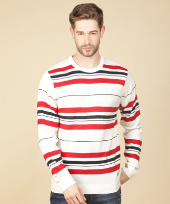 Peter England University Striped Casual Men Red Sweater