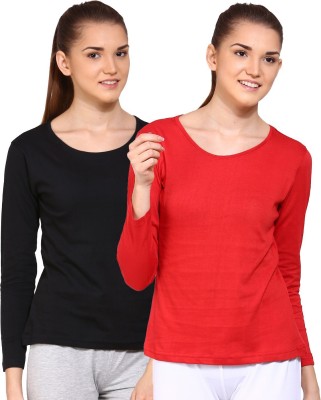 Ap'pulse Solid Women Round Neck Red, Black T-Shirt