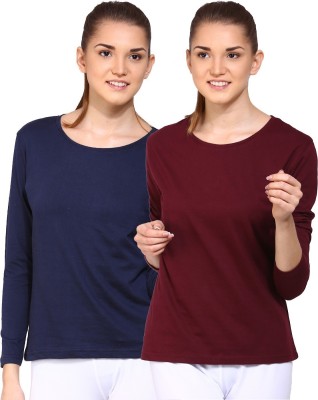 Ap'pulse Solid Women Round Neck Dark Blue, Brown T-Shirt