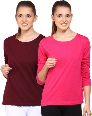 Ap'pulse Solid Women Round Neck Brown, Pink T-Shirt