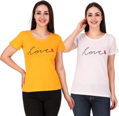 4M SALES Typography Women Round Neck Yellow T-Shirt