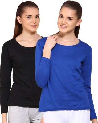 Ap'pulse Solid Women Round Neck Blue, Black T-Shirt