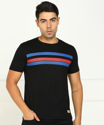 Peter England University Striped Men Round Neck Black T-Shirt