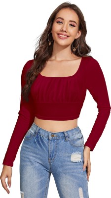 ILLI LONDON Casual Solid Women Maroon Top