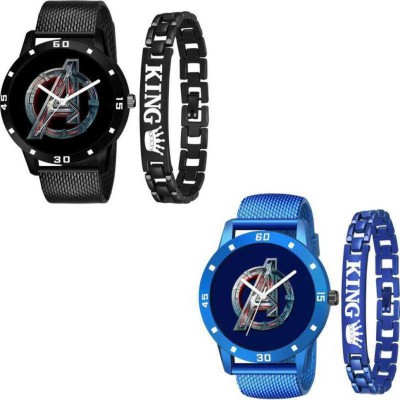 Actn A1C AVENGERS STYLE DIAL PU STRAP & BLACK & BLUE KING BRACELET COMBO SET FOR MENS Analog Watch - For Boys NEW STYLISH WATCH Analog Watch  - For Men & Women