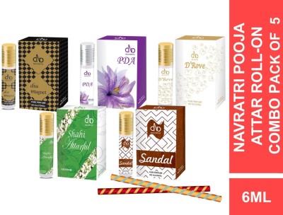 DNA Lifestyle Navratri Pooja Gift Set Dna Magnet, PDA, D'Rove, Shahi Attarful & Sandal Attar Roll-On Perfume - 30ml (Pack of 5 - 6ml each) Floral Attar(Woody, Blends (mukhallat), Floral, Natural, Sandalwood)