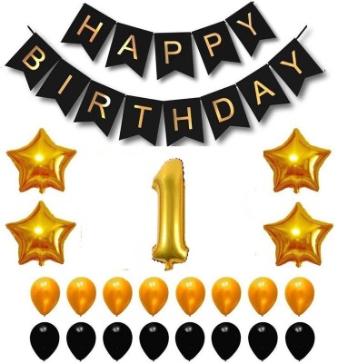 SHAILJA ENTERPRISES Solid Happy Birthday 1st Year Party Balloons Decorations Set (1 Number Gold Foil Balloon+30 Gold & Black Latex Balloon+1 Black Happy Birthday Banner+ 4 Gold Star Foil Balloon(Black, Gold, Pack of 36)