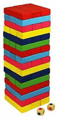 WHITE POPCORN 51 Pcs Blocks 4 Dices Wooden Numbered Building Bricks Stacking Classic Traditional Toppling Tumbling Tower Game Mini(Multicolor)
