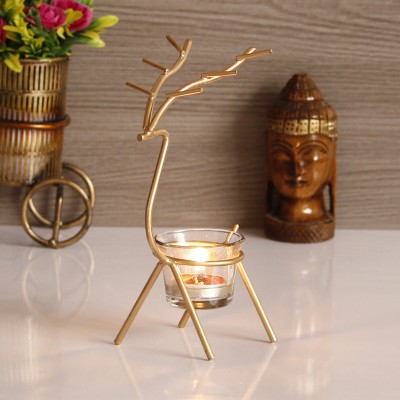 eCraftIndia Golden Deer with Glass Iron Tealight Holder(Gold, Pack of 1)