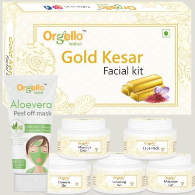 orgello Aloe Vera Peel Off Mask | 1 X 100 ml | + Gold Kesar Facial Kit | 5 x 50 g | Men Women Girls Boys Normal Oily Dry Skin | Paraben Sulphate Free(6 Items in the set)