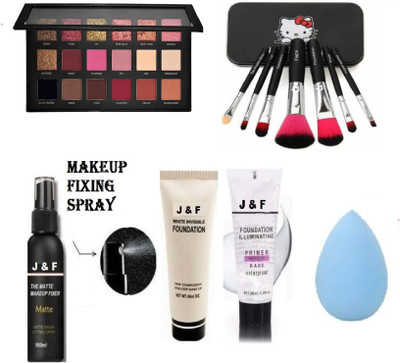 J & F Base Tube Primer ,Fixer ,Matte liquid Foundation With Remastered Rosegold Eyeshadow Palette Matte ,7 Pc Makeup Brush Set Black / Pink and Sponge Puff ( Makeup Kit Combo )(12 Items in the set)