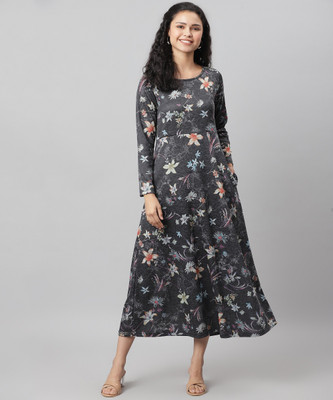 BIBA Women Floral Print Flared Kurta(Black)