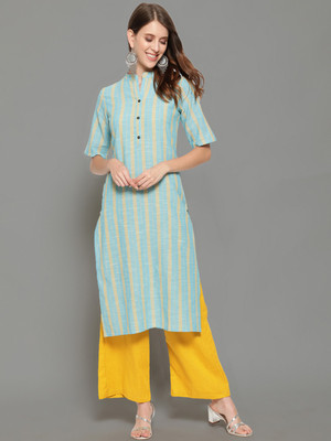 Antaran Women Striped Straight Kurta(Light Blue, Yellow)