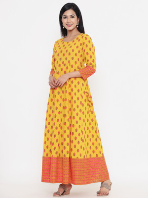 Hisham Women Printed Anarkali Kurta(Yellow)