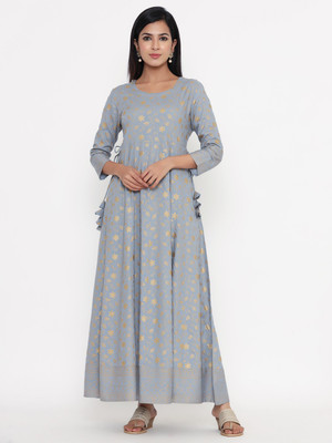 Hisham Women Floral Print Anarkali Kurta(Grey)