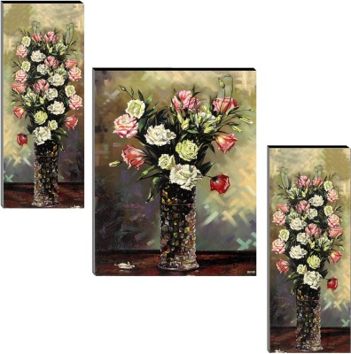 Indianara Set of 3 Flowers in Vases MDF Art Painting (1706FL) without glass (4.5 X 12, 9 X 12, 4.5 X 12 INCH) Digital Reprint 12 inch x 18 inch Painting(With Frame, Pack of 3)