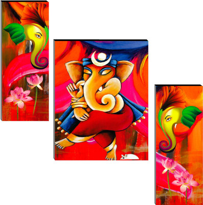 Indianara Set of 3 Lord Ganesha MDF Art Painting (2998FL) without glass (4.5 X 12, 9 X 12, 4.5 X 12 INCH) Digital Reprint 12 inch x 18 inch Painting(With Frame, Pack of 3)