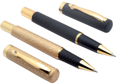Ledos Set of 2 - Dikawen K9 Rock Marbled Golden & Black Jewel Designer Roller Ball Pen(Pack of 2, Ink Color - Blue)