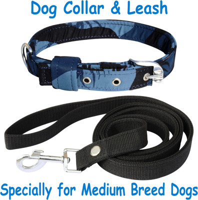 BODY BUILDING Premium Quality Dog Belt Combo of Blue Army Dog Collar with Black Leash Specially for Medium Breeds Dog Collar & Leash(Medium, Blue Black Army 2)