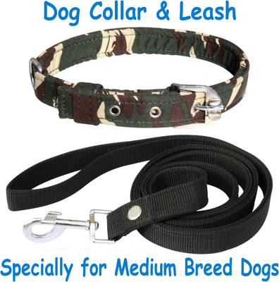 PEDIGONE Premium Quality Dog Belt Combo of Green Army Dog Collar with Black Leash Specially for Medium Breeds Dog Collar & Leash(Medium, Green Black Army 2)