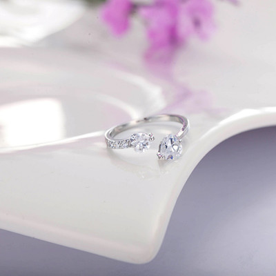 YELLOW CHIMES Platinum Plated Trendy Elegant Austrian Crystal Heart Cut Adjustable Ring Alloy Cubic Zirconia Silver Plated Ring